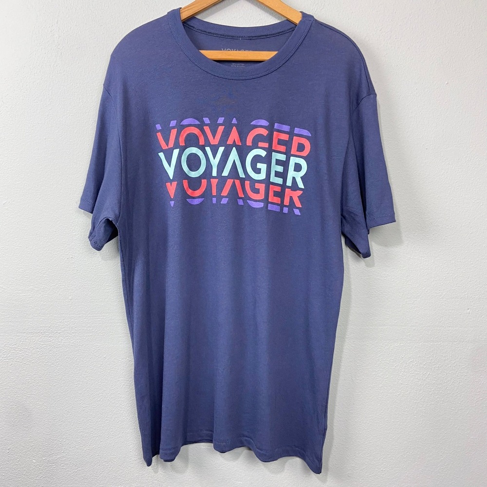 Voyager Graphic T-Shirt‎ Size L Cotton Blend Knit Tee Top Retro Blue Crypto